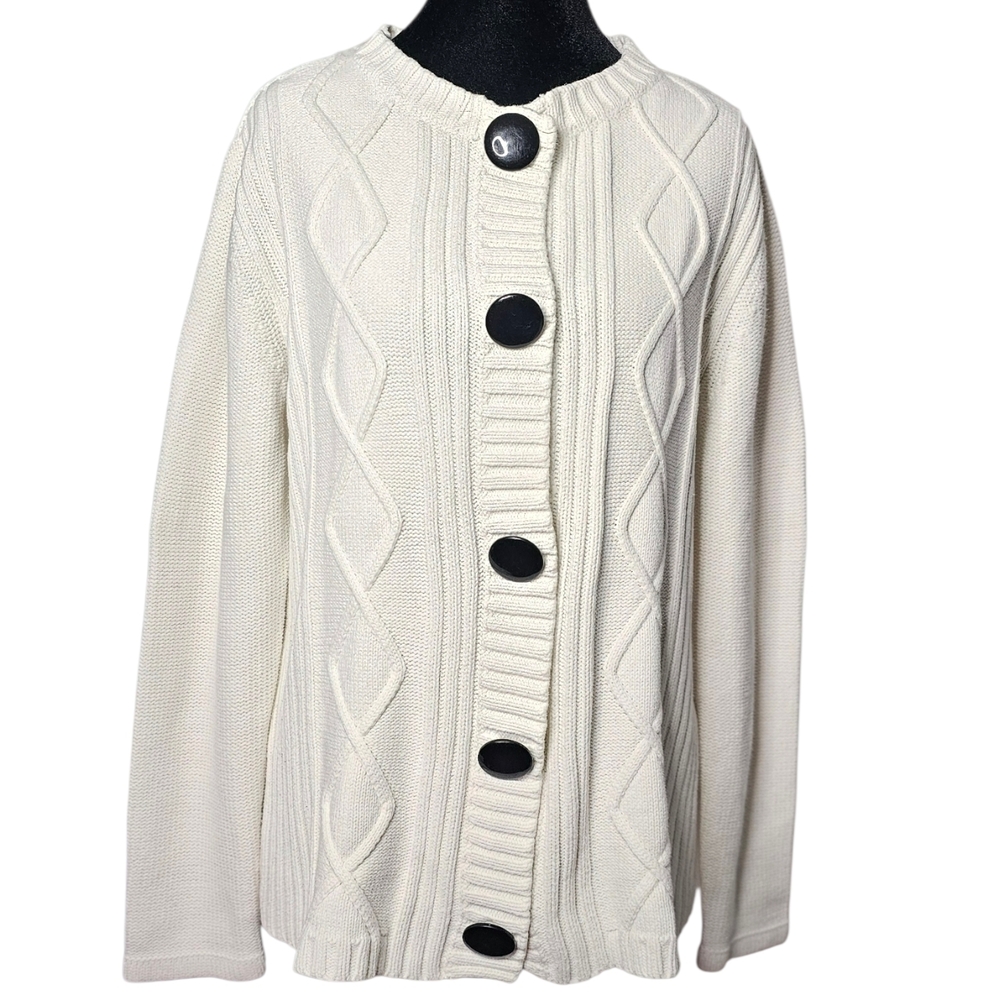 Karen Scott Cream Cable Knit Cardigan with Black Buttons